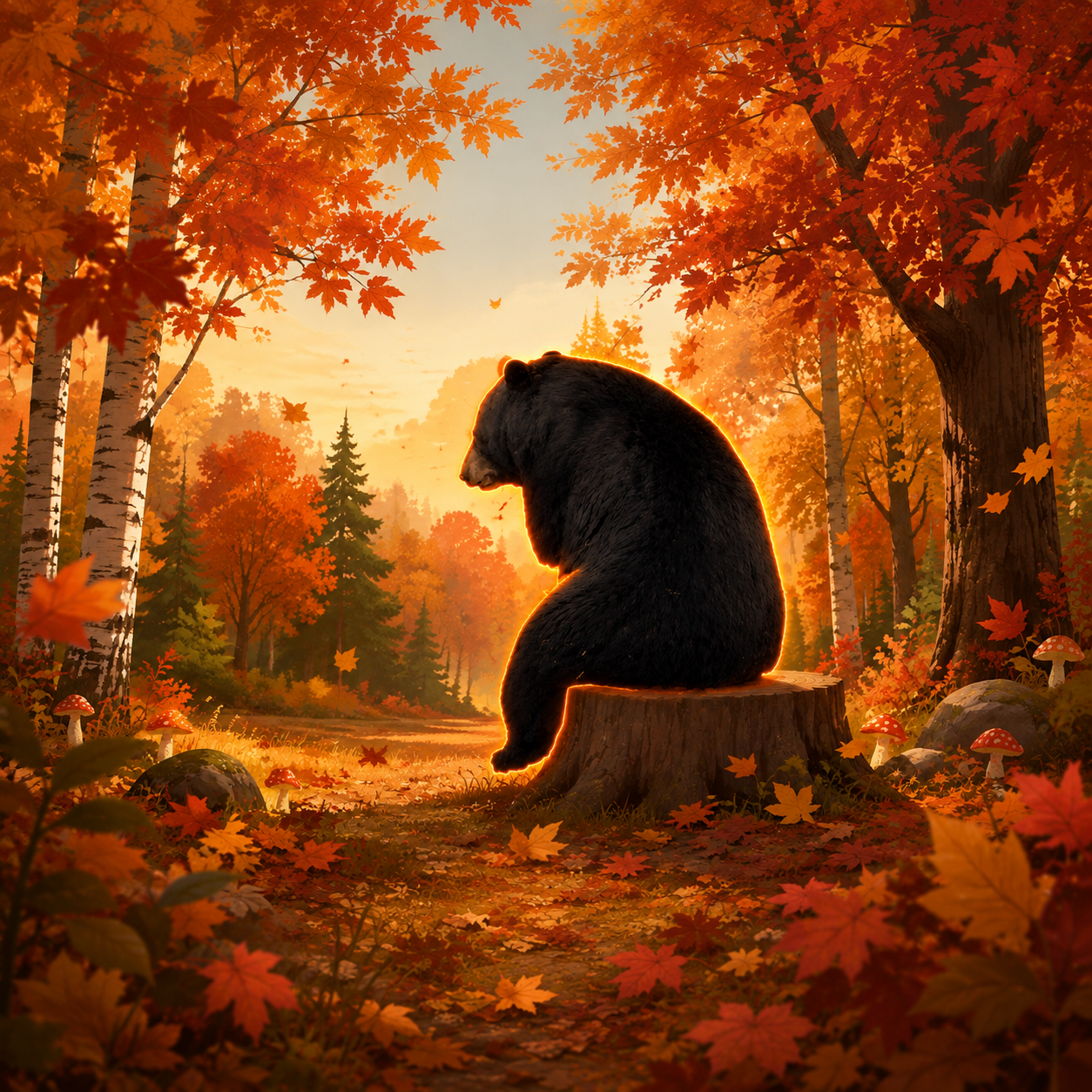 Bernard sitting quietly in an autumn forest