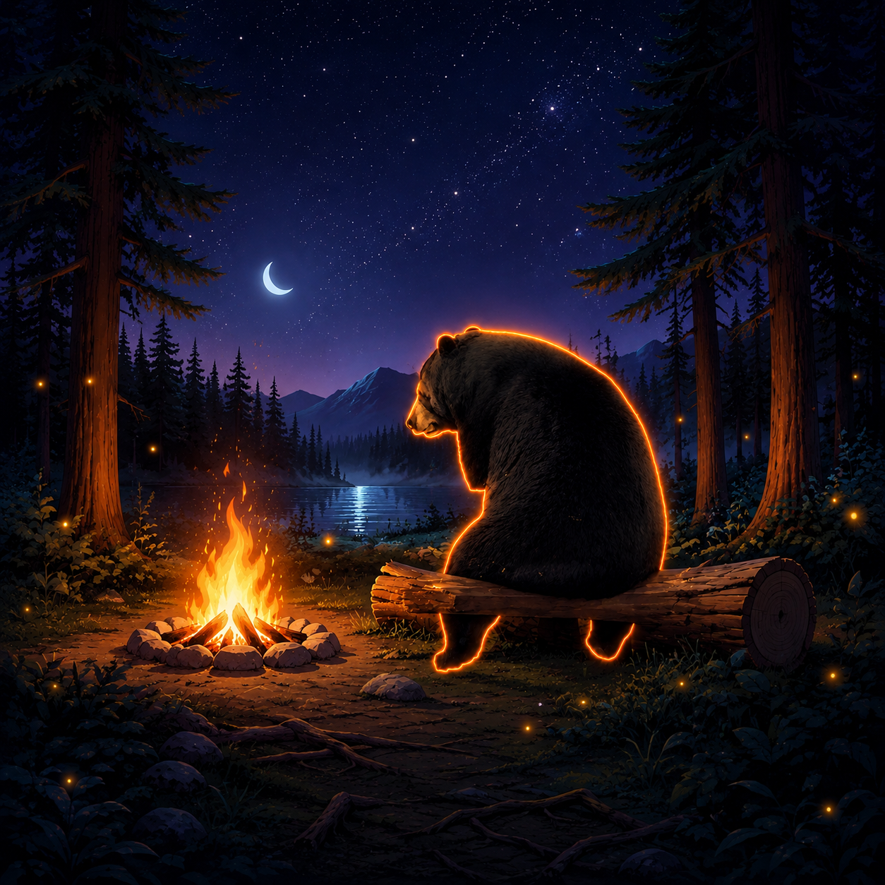 Bernard beside a campfire under the stars