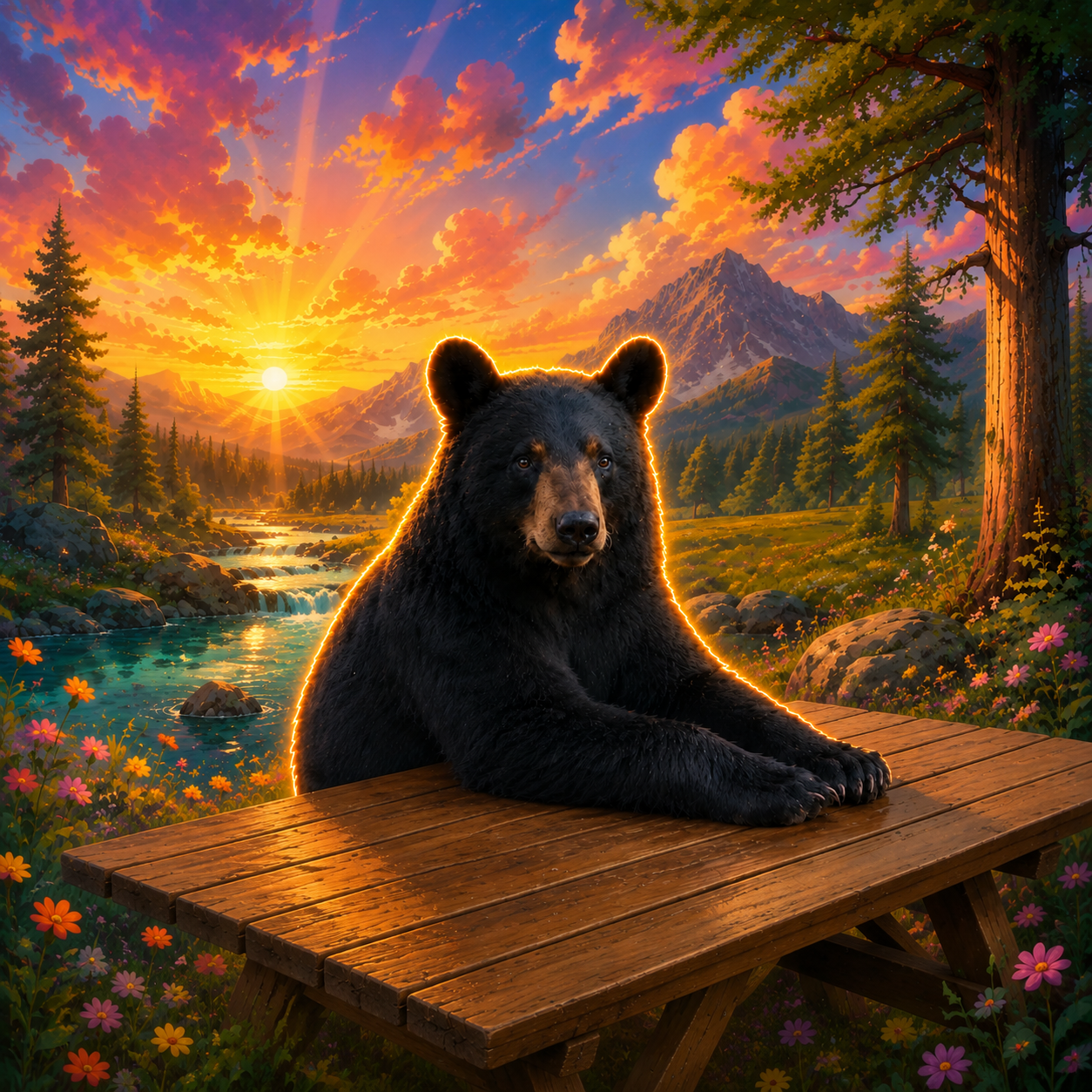 Bernard The Bear at a picnic table in a glowing mountain forest